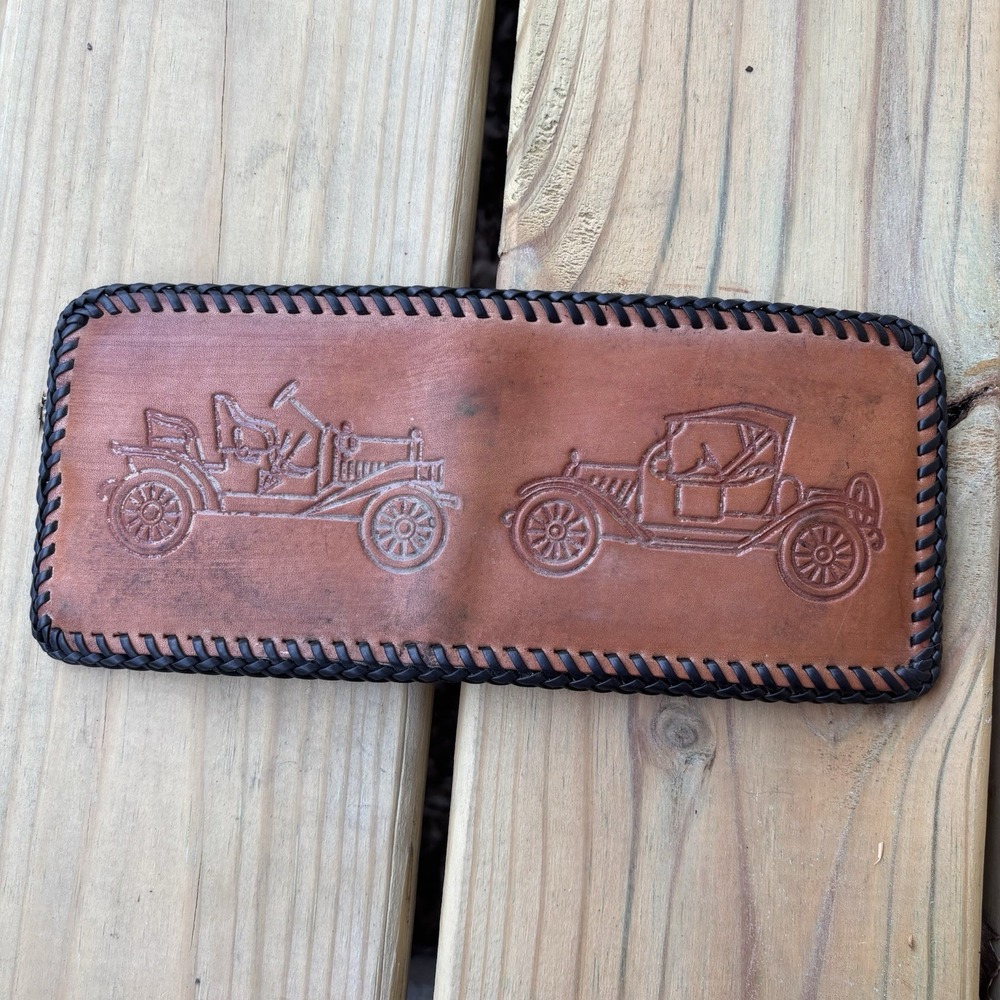 Vintage Leather Wallet Hand Tooled Bi-Fold Handmade Whipstitch Tractor Farmer